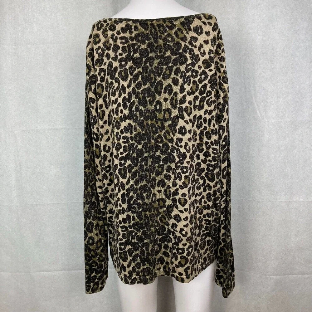 Nygard Collection Sweater Women Sz 1X Beige Black Metallic Knit Leopard Pullover